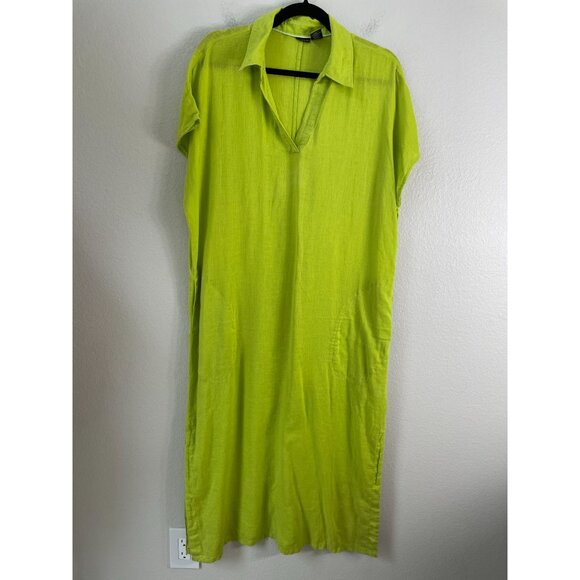 Tahari Womens XL Lime Green Linen Rayon Midi Dress Short Sleeve Pockets Casual - Picture 8 of 10